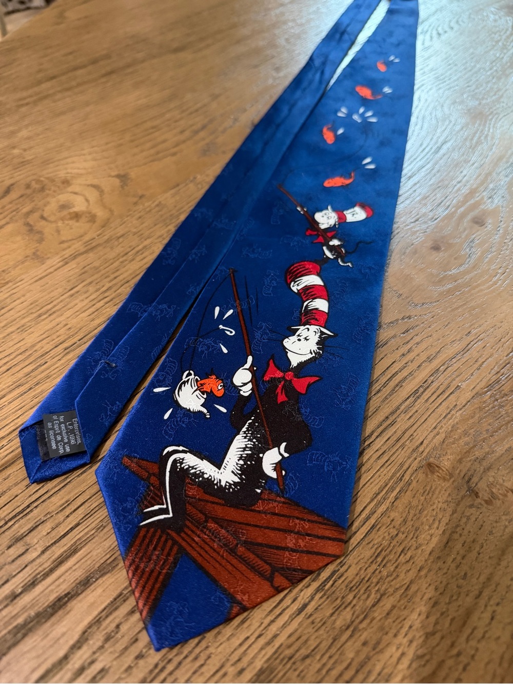 Vtg 1996 Dr Seuss Cat in the Hat Fishing Silk Tie Esprit Blue Novelty 90s